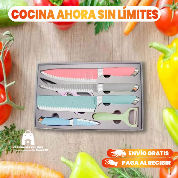 Set de 4 Cuchillos Multicolor en Acero Inoxidable + Tijera de cocina y Pelador