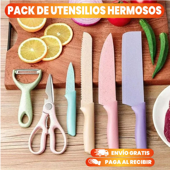 Set de 4 Cuchillos Multicolor en Acero Inoxidable + Tijera de cocina y Pelador