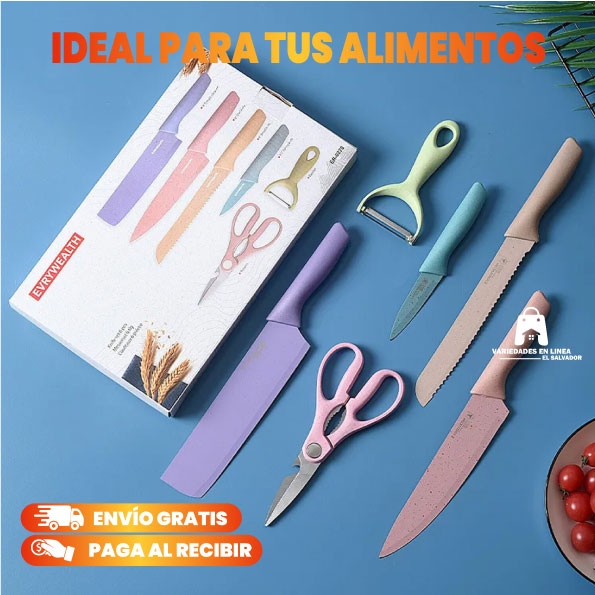 Set de 4 Cuchillos Multicolor en Acero Inoxidable + Tijera de cocina y Pelador