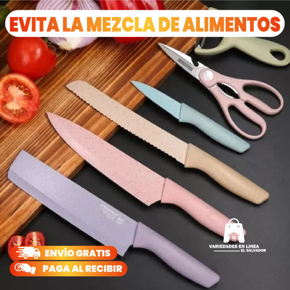 Set de 4 Cuchillos Multicolor en Acero Inoxidable + Tijera de cocina y Pelador