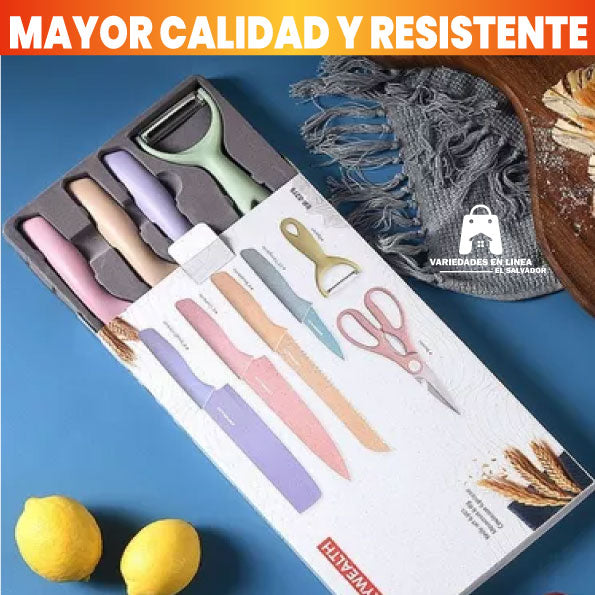 Set de 4 Cuchillos Multicolor en Acero Inoxidable + Tijera de cocina y Pelador